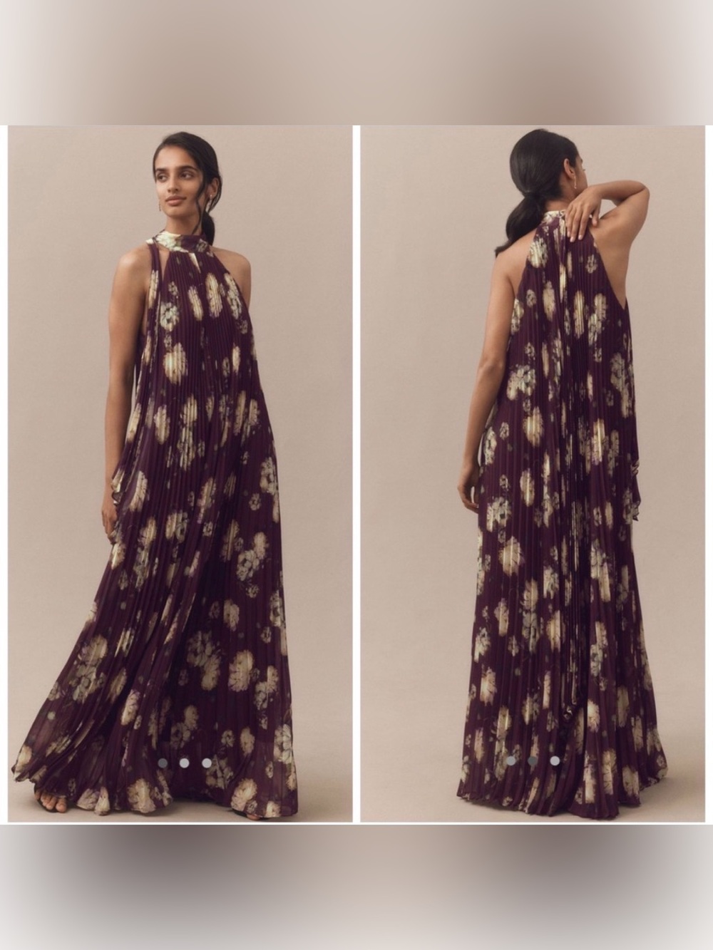 Anthropologie BHLDN Rosie Mock Neck Pleated Chiffon Floral Maxi Dress Sz Large